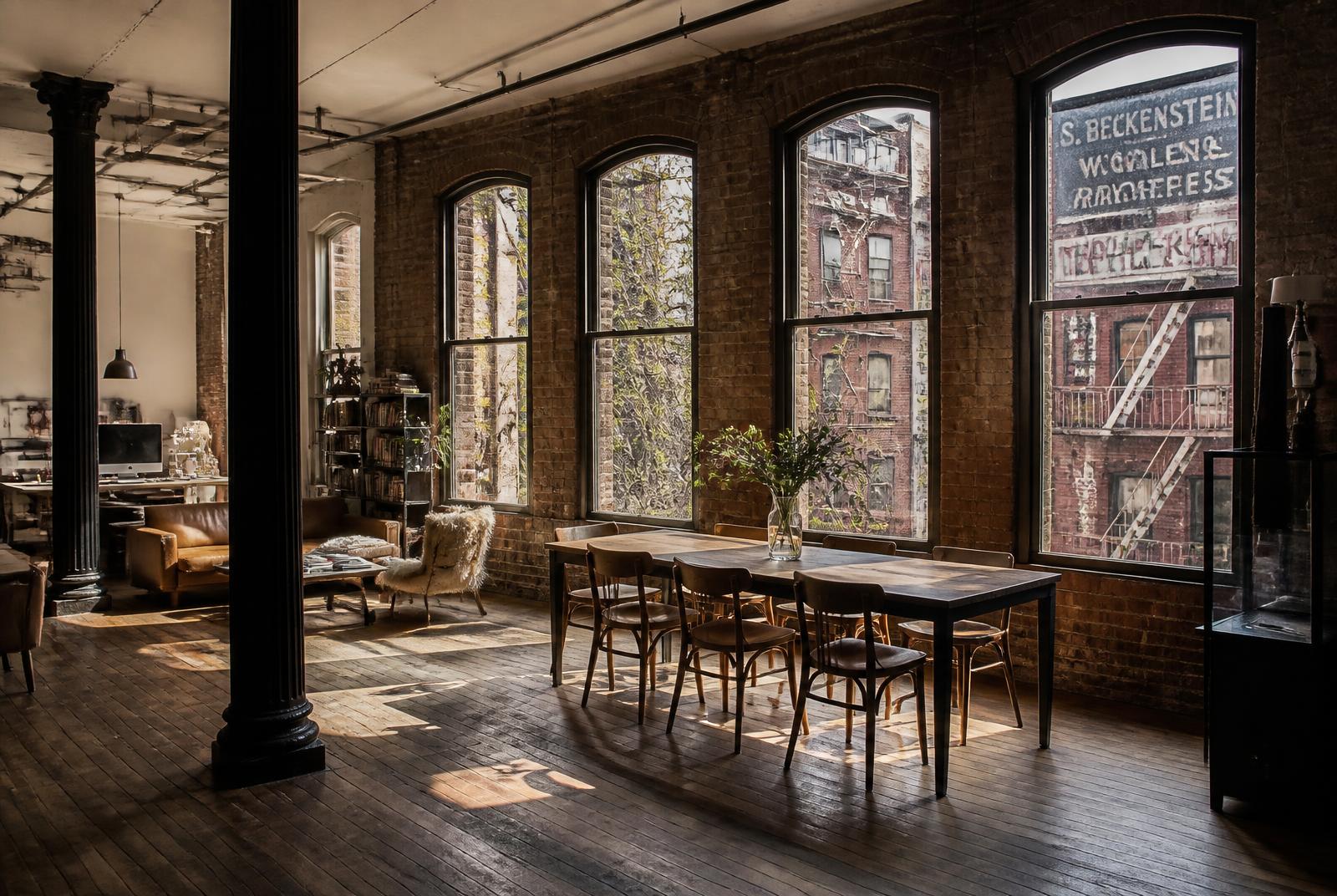 Lower East Side loft interior — brick, tall windows, timber columns